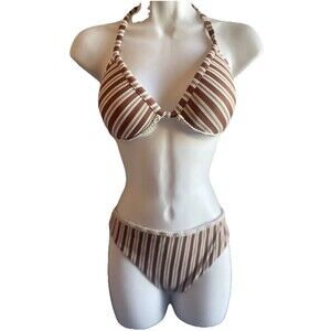 CALZEDONIA COBEY Brown,white,gold 2PC STRING BIKINI TOP BOTTOM SWIMSUIT L
